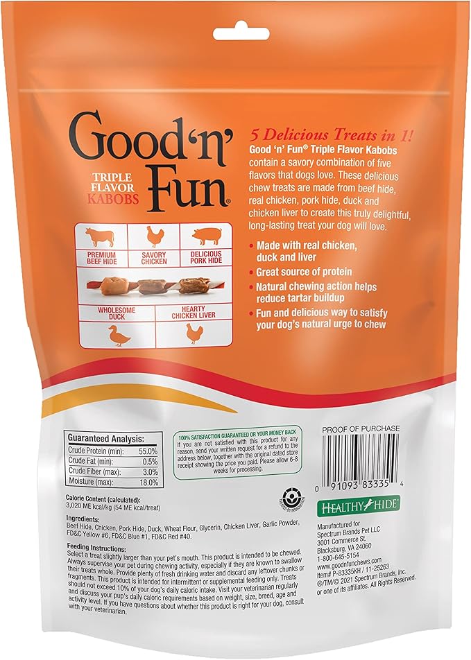 Good'n'Fun Triple Flavored Rawhide Kabobs for Dogs, 2 Pack, 4 oz-PawvioPets