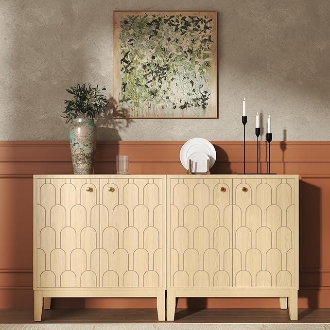 Farmhouse Storage Cabinet, Modern Buffet Sideboard with Doors, Fish Scale Pattern, Boho Cabinet for Dining Room, Natural, 2 Pieces-PawvioPets