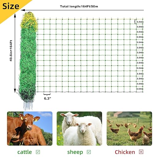 Electric Fence Netting,164'Lx49.6"H, Electric Livestock Netting with 14 Double Barbed Poles, Suitable for Pigs, Cows, Sheep and Other Large Animals, Portable Electric Fence for Farms, Ranches-PawvioPets