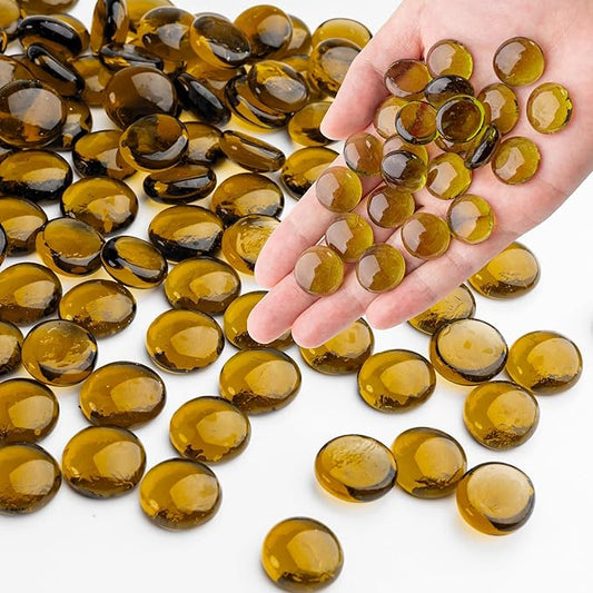 Amber Glass Marbles, 0.97LB Transparent and Smooth Mancala Stones, Yellow Flat Glass Beads for Vases, Mosaic Gem Pebbles for Aquarium Decor, Floral Arrangements Vase Filler and Crafts,Approx.80-100PCS-PawvioPets