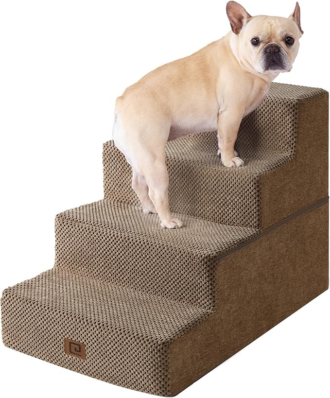 EHEYCIGA Dog Stairs for Bed 18" H, 4-Step Dog Steps for High Bed, Pet Steps for Small Dogs and Cats, Non-Slip Balanced Pet Ramp Indoor, Camel-PawvioPets