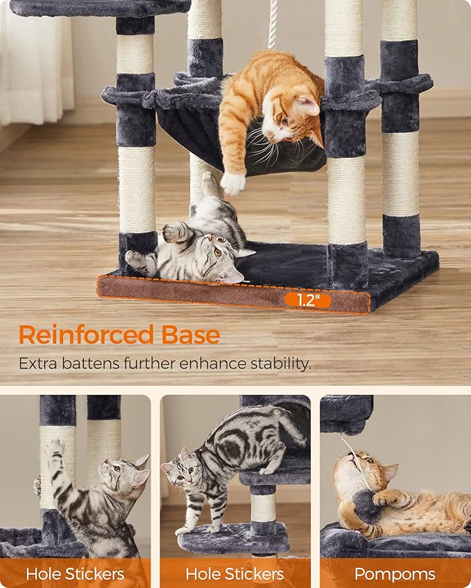 FEANDREA Cat Tree, Cat Tower for Indoor Cats, 56.3-Inch Cat Condo with Scratching Posts, Hammock, Plush Perch, Smoky Gray UPCT15GYZ-PawvioPets