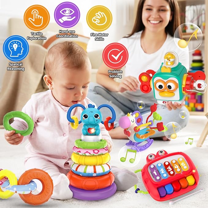 4 in 1 Baby Toy for 6 9 12 18 Month, Learning Toys for Babies 6-12 Months, Baby Busy Cube, Stacking Sorter, Pull String & Piano Xylophone Travel Toy, Birthday Gift for 1 2 Year Old-PawvioPets