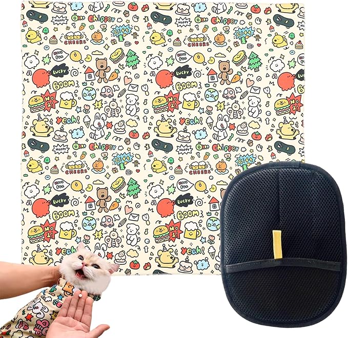 27.6x27.6 Cat Wrap for Cutting Nails, Cat Grooming Wrap with Pet Hair Removal Glove, Cats Restraint for Nail Clipping Ear Cleaning Teeth Brushing-PawvioPets