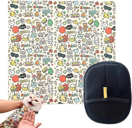 27.6x27.6 Cat Wrap for Cutting Nails, Cat Grooming Wrap with Pet Hair Removal Glove, Cats Restraint for Nail Clipping Ear Cleaning Teeth Brushing-PawvioPets