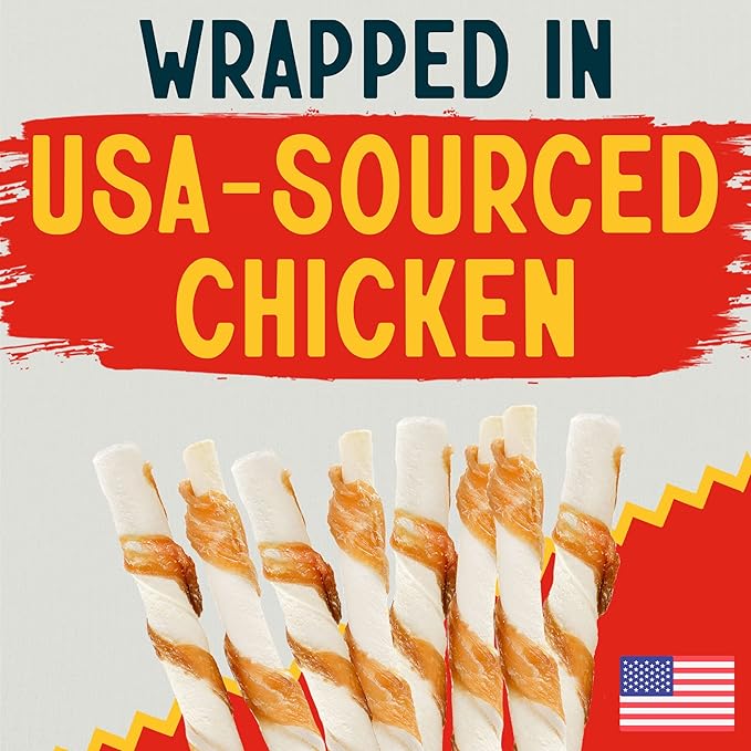 Canine Chews Chicken-Wrapped Rawhide Twists for Dogs - Pack of 100 U.S.A. Sourced Chicken Wrapped Rawhide Dog Treats, Sticks for Dogs - Premium & Natural Beefhide Chews-PawvioPets