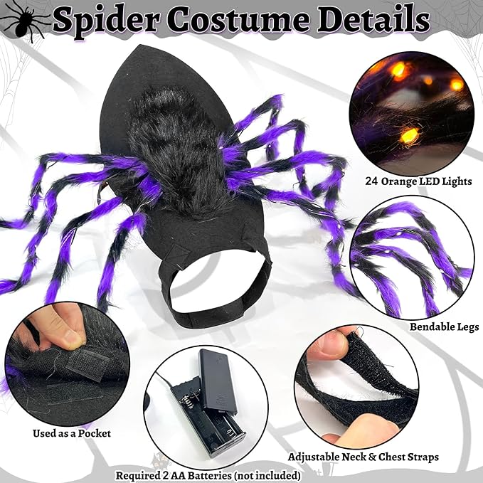 Camlinbo 24 LED Spider Dog Halloween Costume for Small Medium Large Dogs, Furry Spider with LED Lights Puppy Pet Costume Outfits Clothes Funny Halloween Costume Party Cosplay-PawvioPets