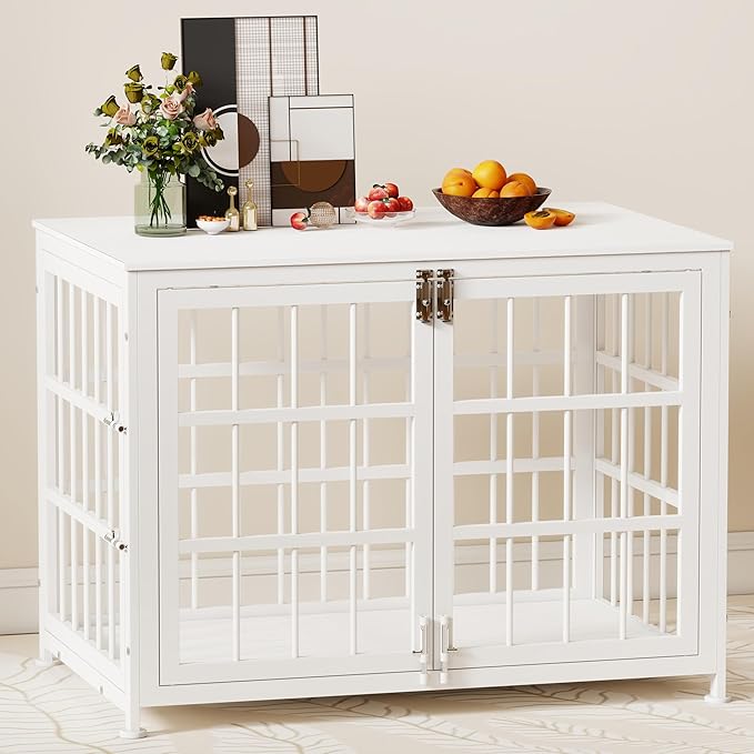 32 Inch Heavy Duty Wooden Dog Kennel End Table with Double Door Design and Secure Locks, Indoor Pet Crate Furniture for Medium Dogs, Decorative Home Cage Design,White-PawvioPets