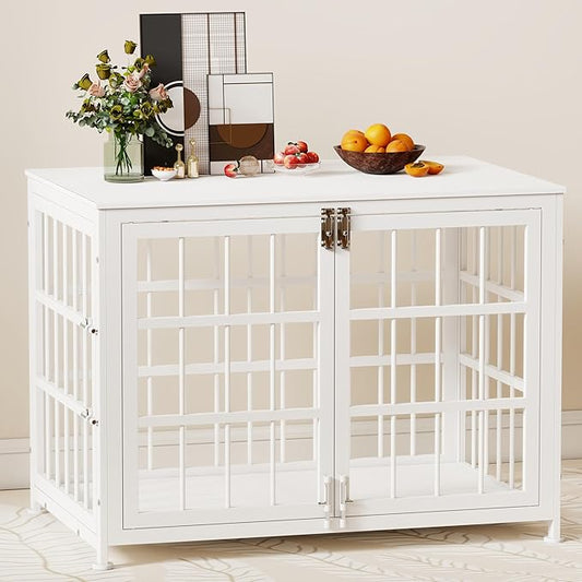 32 Inch Heavy Duty Wooden Dog Kennel End Table with Double Door Design and Secure Locks, Indoor Pet Crate Furniture for Medium Dogs, Decorative Home Cage Design,White-PawvioPets