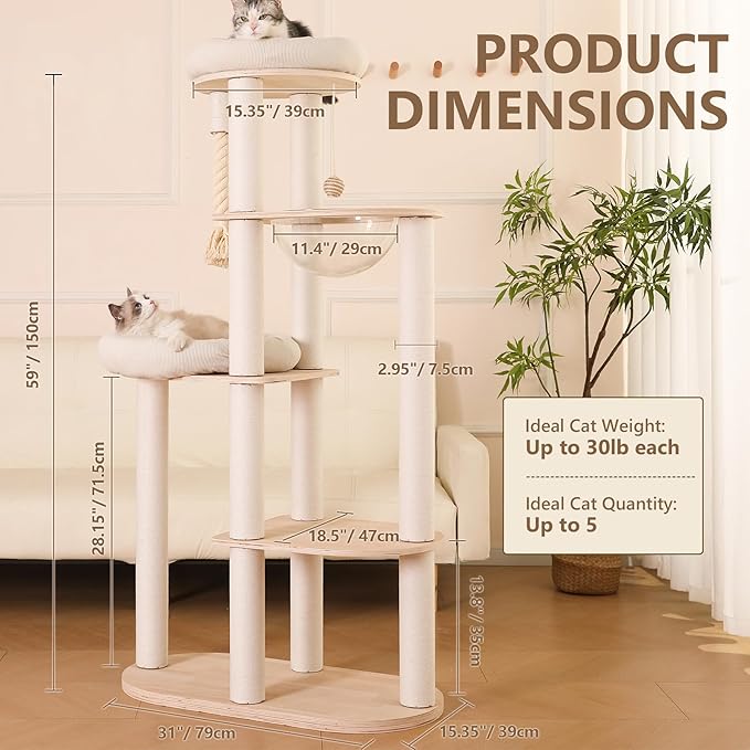 59" Modern Cat Tree Multi-Level Large Cat Tower Heavy Duty Cat Tree with Hammock,Cotton Scratching Post and Washable Cushions-PawvioPets