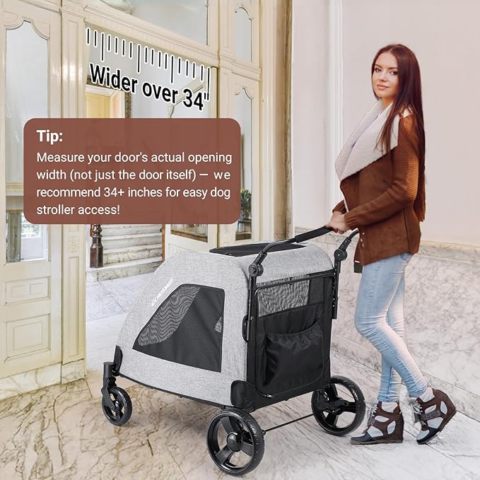 EchoSmile XL Extra Large Dog Stroller - Adjustable Handles,Lightweight Folding Pet Stroller,All-Terrain 4 Wheel for 2 Medium Dogs,Dual Entry Safety Dog Stroller,Capacity 160 lbs,Gray-PawvioPets