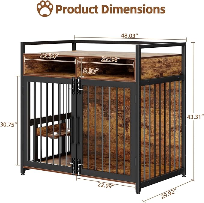 Furniture Style Dog Crate with Storage, 48 Inch Dog Crate Furniture with Double Doors, 2 Stainless Steel Bowls, Dog Crate Furniture-Style Crate for Large/Medium Dog-PawvioPets