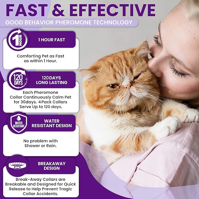 Calming Collar for Cats: Pheromone-Infused Behavior Support, Long-Lasting 30-Day Effect, Adjustable & Waterproof, 4-Pack (Purple)-PawvioPets
