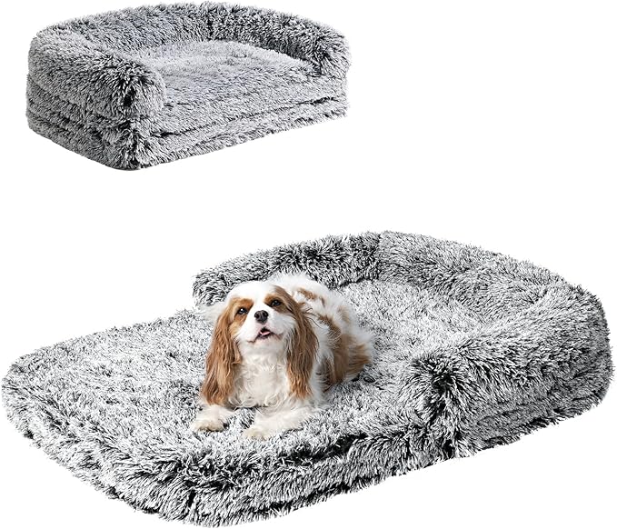 EHEYCIGA Foldable Dog Bed, Faux Fur Fluffy Dog Couch Bed, Orthopedic Calming Memory Foam Pet Bed for Small Dogs, Washable Soft Warm Pet Sofa Bed with Non-Slip Bottom, Faded Black, 40"x30"x6"-PawvioPets