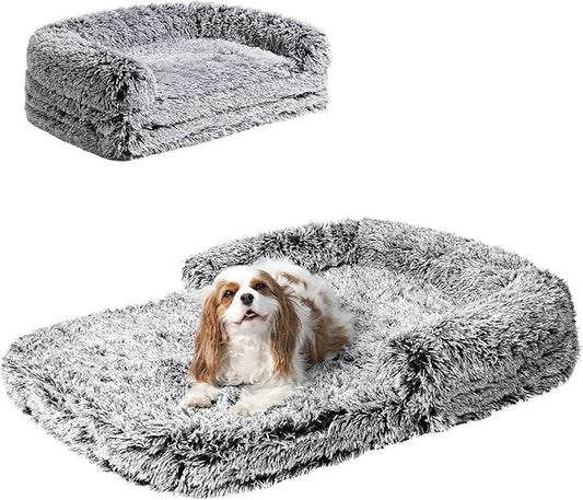 EHEYCIGA Foldable Dog Bed, Faux Fur Fluffy Dog Couch Bed, Orthopedic Calming Memory Foam Pet Bed for Small Dogs, Washable Soft Warm Pet Sofa Bed with Non-Slip Bottom, Faded Black, 40"x30"x6"-PawvioPets