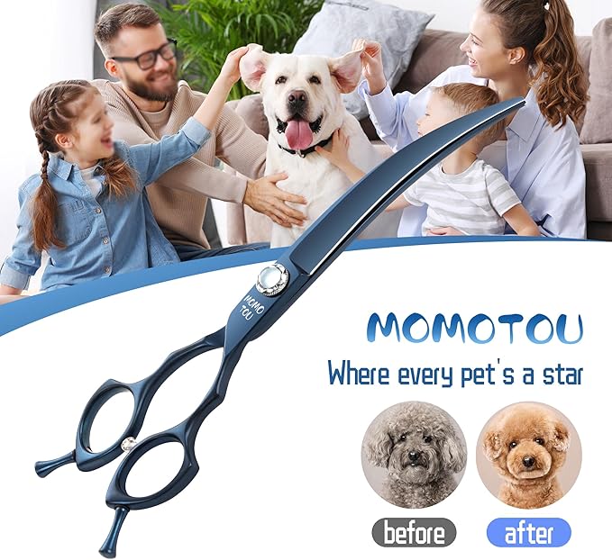7 inch Matte Blue Curved Dog Grooming Scissors Professional 440C Stainless Steel Dog Shears Smooth Cutting Comfortable Grip and Easy to Use for Groomers and Home Use-PawvioPets