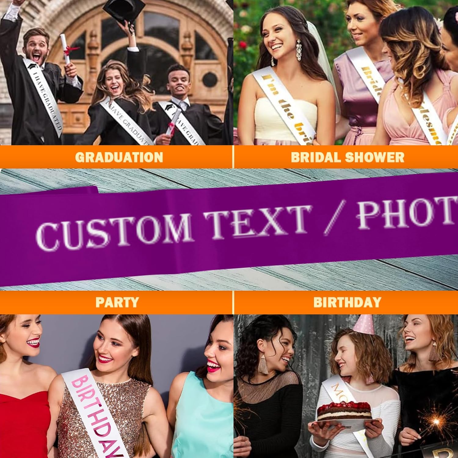 Custom Sash,Personalized Birthday Sash with Text Photo,Customized Bachelorette Sash Quote Sash Bride to Be Sash Color Optional (No decorative edge, Dark Purple)