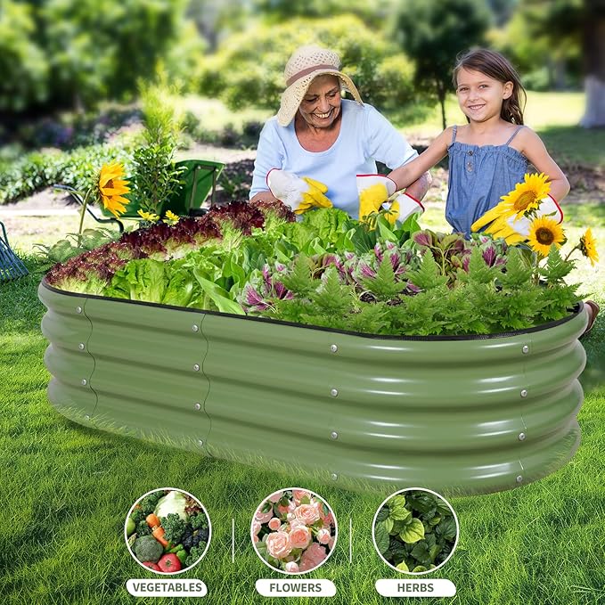 Galvanized Raised Garden Bed Outdoor- Raised Beds for Gardening| Metal Planter Box, Steel Raised Garden Bed Kit with Safety Edging and Gloves for Vegetables, Flower, Herbs (4x2x1FT, Green)-PawvioPets