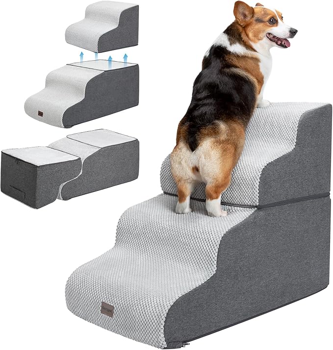 Dog Stairs for High Beds, 4-Step Dog Steps for Small Dogs and Cats, Foldable Pet Stairs for High Bed Climbing, Non-Slip Balanced Pet Step Indoor, Light Grey-PawvioPets
