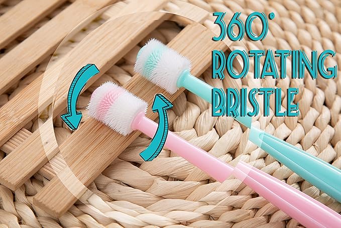 E.M&S.T by Emmeliestella Small Dog & Cat Toothbrush 360 Degree Soft Silicone, Cat Dental Care, Toothbrush Holder, Easy to Handle, Independent Packaging, Extra Suction Cup, Light Blue&Light Pink 3PCS-PawvioPets