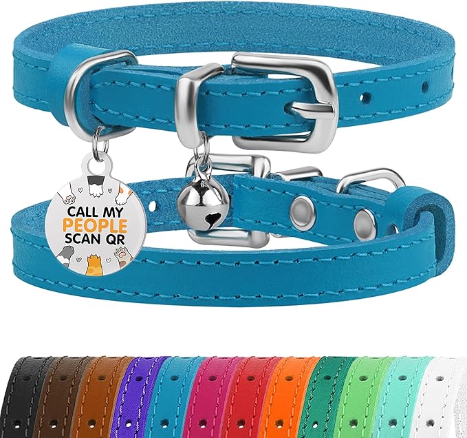 BRONZEDOG Leather Cat Collar with Removable Bells Non Breakaway Kitten QR Tag for Girl Boy (9" - 12" Cats/Mini Dogs, Blue & Silver)-PawvioPets