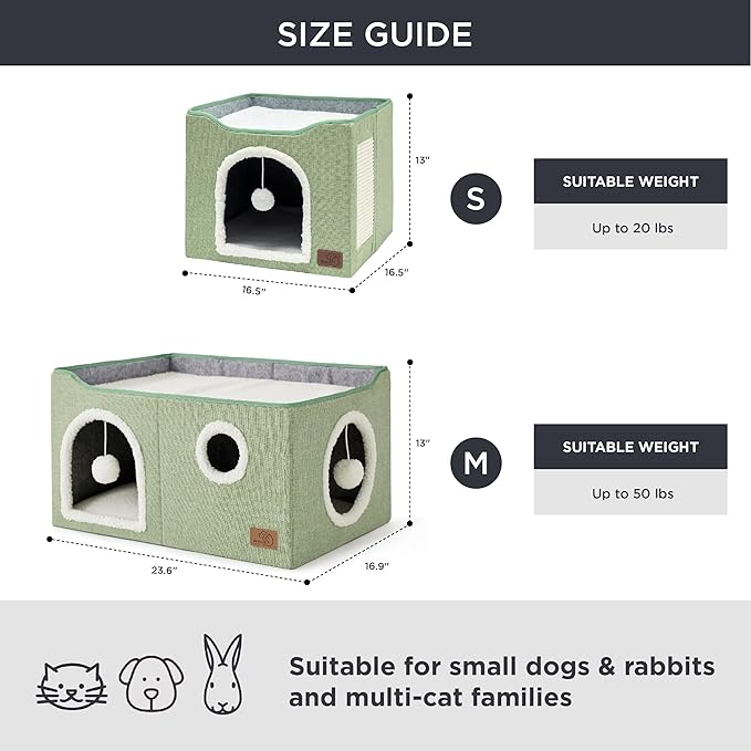 Bedsure Large Cat Beds for Indoor Cats - Extra Wide Cat Cube House for Small Pet with Fluffy Ball Hanging and Scratch Pad, Foldable Pet Cave Hideaway for Multiple Cats, 23.6x16.9x13 inches, Green-PawvioPets