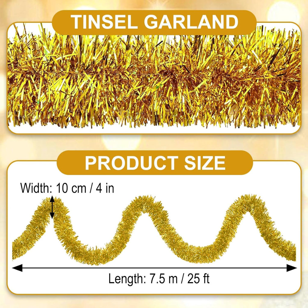 25 Feet Gold Christmas Tinsel Garland, Metallic Foil Twist Garland Wall Hanging Tinsel Banner Backdrop for Parade Floats, Easter, Mother's Day, Birthday Party Decorations (4in x 25ft)