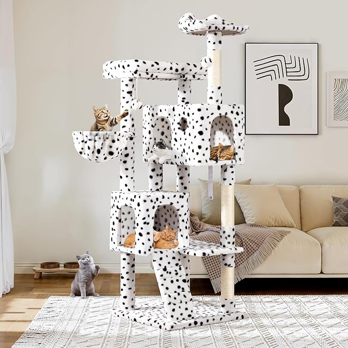 Allewie 64 Inches Cat Tree Tower/Multi-Level Activity Center for Indoor Big Felines/2 Plush Condos/2 Perchs/Basket/House/Sisal Scratching Posts/Hanging Cat Toys/White & Black Spot-PawvioPets