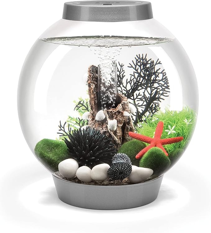 biOrb Classic 15 Acrylic 4-Gallon Aquarium with White LED Lights Modern Compact Tank for Tabletop or Desktop Display, Silver-Trimmed Tank-PawvioPets