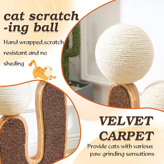 Cactus-Shaped Cat Scratching Post with Cat Scratcher, Interactive Toy Balls, Handmade with Natural Materials, Cute Cat Scratching Post, Easy-to-Clean Cat Furniture-PawvioPets