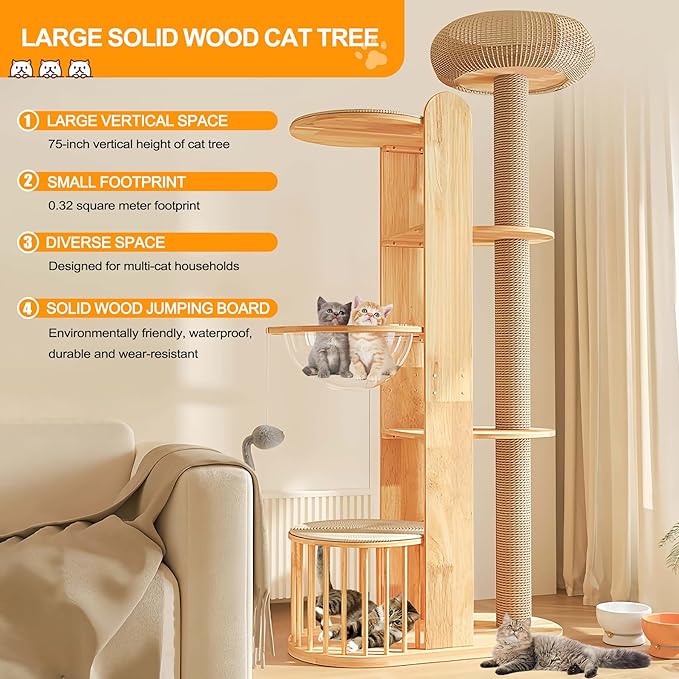 75 inch Cat Tree Tower for Indoor Cats Large Adult, Modern Big Cat Climbing Tower, Tall Cats Post, Corner Wood Cute Cat Condo with Sisal Scratching Posts-PawvioPets