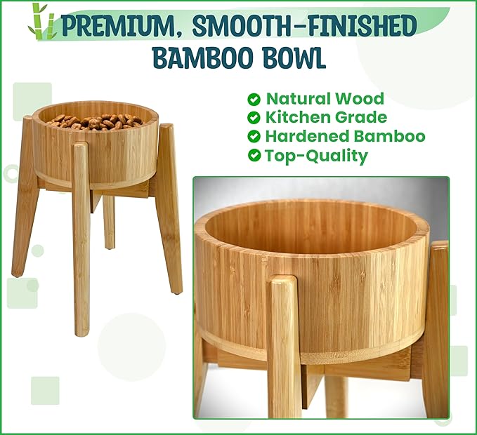 Dog Bowls Elevated, 12-inch High, 5-Cup Cap - Set of Bamboo Holder, Stainless Inner Dish and Stand - Ideal for Medium to Large Breeds - All-Detachable Parts-PawvioPets