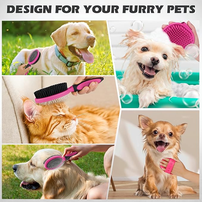 2PCS Pet Grooming Tools - Double-Sided Brush for Shedding and Bathing, Suitable for Short/Long Haired Dogs Cats and Horses, Deshedding Dog Brush, Mane & Tail Combs for Horses - Pet Supplies (Pink)-PawvioPets