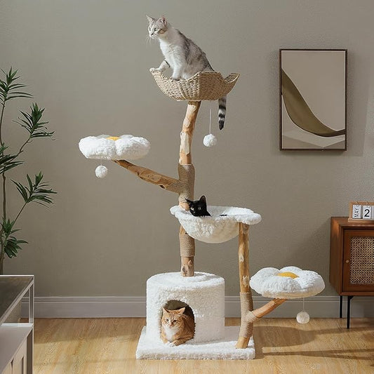 59" Modern Cat Tree Tower for Large Cats w/2 Flower Perches-Natural Solid Wood Scratching Post with Real Branch-Luxury Boho Cat Furniture w/Condo & Wicker Basket Bed, Cloud White-PawvioPets
