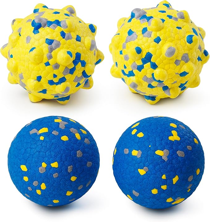Dog Tennis Balls for Aggressive Chewers, Indestructible Durable Bouncy Interactive Toy for Dogs Fetch Game Lightweight Floating Outdoor Training(2 Yellow Point+ 2 Blue Cirle Medium)-PawvioPets