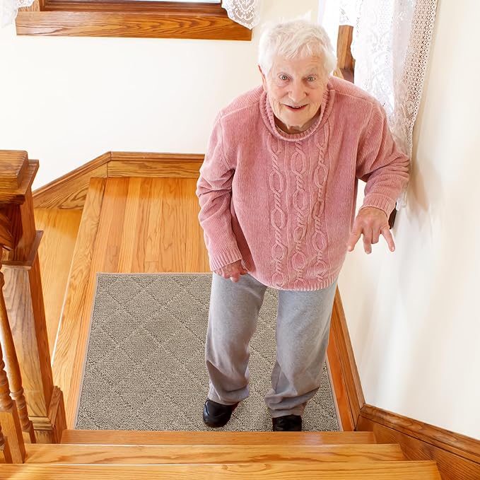 COSY HOMEER Edging Stair Treads Non-Slip Corner Indoor Stair Runners for Wooden Steps,Landing Slip Resistant Stair Rugs for Kids and Dogs, 100% Polyester TPE Backing,Beige,20"X32"-PawvioPets