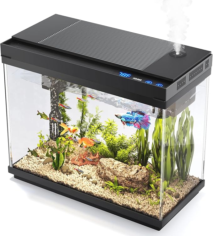 Fish Tank, 2.4 Gallon Fish Aquarium, Fish Tank Starter kit with Smart Humidifier, Temperature Display, 7-Color Lighting, 3 in 1 Quiet Pump with Filteration & Oxygenation & Circulation-PawvioPets