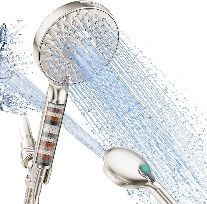 Filtered Shower Head with Handheld, High Pressure 9 Spray Mode Brushed Nickel Showerhead with Filters, detachable shower head,Water Softener Filters Beads for Hard Water - Remove Chlorine-PawvioPets