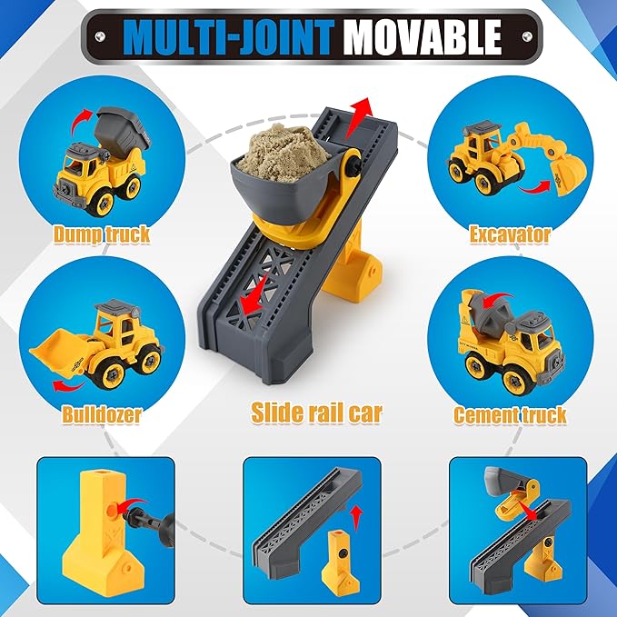 Construction Sandbox with Lid - 4 Vehicles with 1 Conveyor, 8 Castle Molds, 6 Figures & 3lbs Moldable Sand - Preschool Sensory Bin for Fine Motor Skills, Ages 3-6-PawvioPets