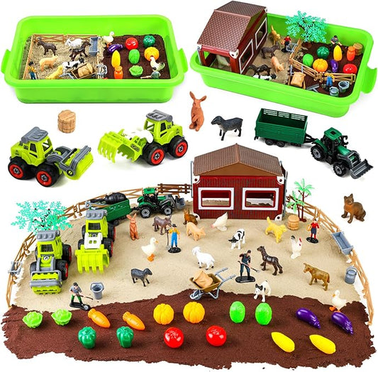 69 PCS Farm Sensory Bin Toys Playset, Sandboxes with Sand, Farmer Tractor & Farm Animals Figures Toys for Kids 3 4 5, Gifts for 6 7 Years Old Boys Girls Toddlers-PawvioPets