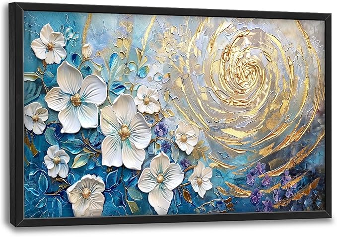 Flower Large Wall Art White Floral Pictures Abstract Golden Spiral Texture Wall Decor Canvas Print Painting Artwork for Bathroom Living Room Bedroom 36L" x 24W"-PawvioPets