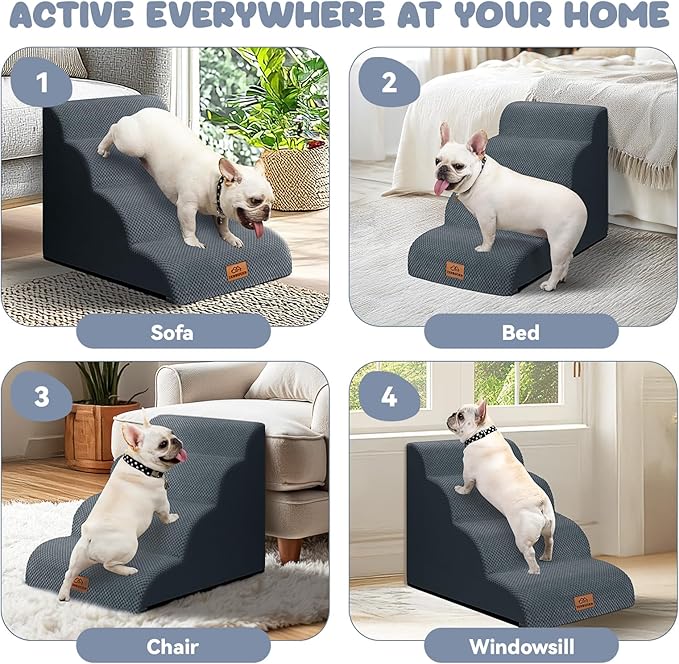 Dog Ramp and Stair for Bed 16" H-20 H,3-Step Cat Stair for Sofa and Chair,4-Step Dog Ramp for High Bed and Window,Durable Nonslip Fabric Cover for Indoor (Dark Grey-20 H, Pet Friendly, 4)-PawvioPets