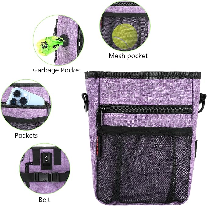 Dog Treat Pouches for Pet Training with Magnetic Closure Treat Pouches for Pet Training,Large Dog Treat Training Pouch and Dog Clicker,Training Treat Pouch Built-In Poop Bag Dispenser-Purple.-PawvioPets