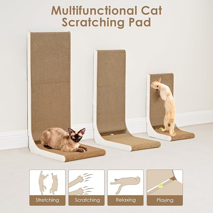 EHEYCIGA Cardboard Cat Scratcher for Indoor Cats, 32 Inch L Shaped Vertical Cat Scratching Board with Ball Cat Toy, Extra Large Cat Scratcher Pad, White-PawvioPets