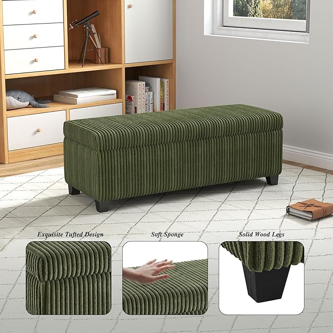 48" Green Ottoman with Storage, Corduroy Storage Ottoman Bench for Bedroom, End of Bed Bench with Safety Hinge for Living Room, Entryway-PawvioPets