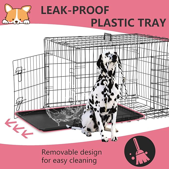 FDW Extra Large Dog Crate Dog Kennel Cage with Double Door,48 inch Folding Metal Wire Dog Cage with Removable Tray&Divider Panel,Pet Crate for Large Dogs,Black-PawvioPets