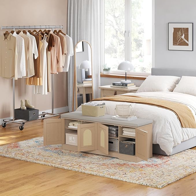 DINZI LVJ Shoe Bench, Entryway Storage Bench with Doors, Cushion, 2-Tier Shoe Rack with 8-Cubby, 47.2”L x 13.8”W Shoe Organizer Cabinet, Adjustable Shelf, Living Room, Bedroom, Natural with Rattan-PawvioPets