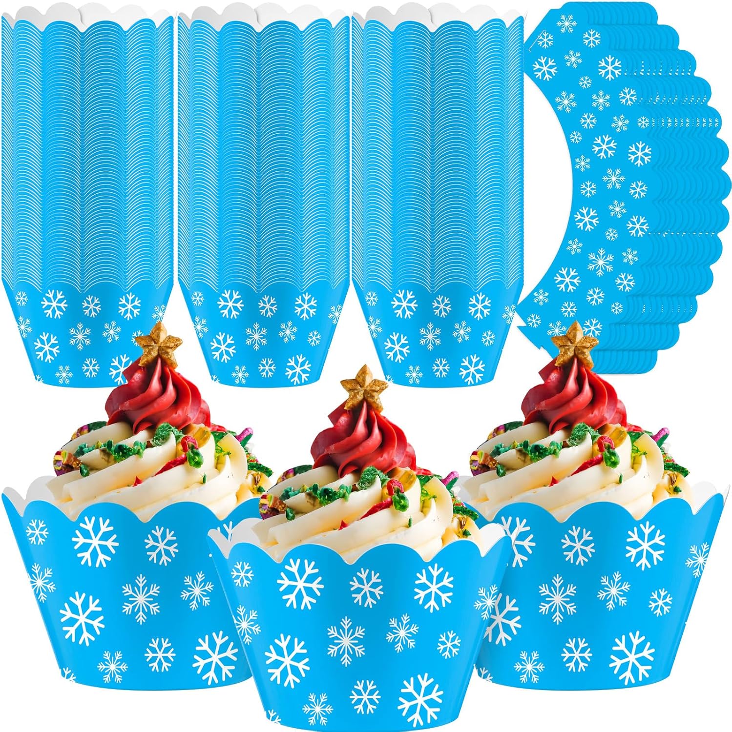 Domensi 100 Pcs Snowflake Cupcake Wrappers Blue Cupcake Liners Christmas Blue Snowflake Baking Cups Baking Liners for Winter Xmas Wedding Bridal Baby Shower Birthday Party Supplies Dessert Decoration