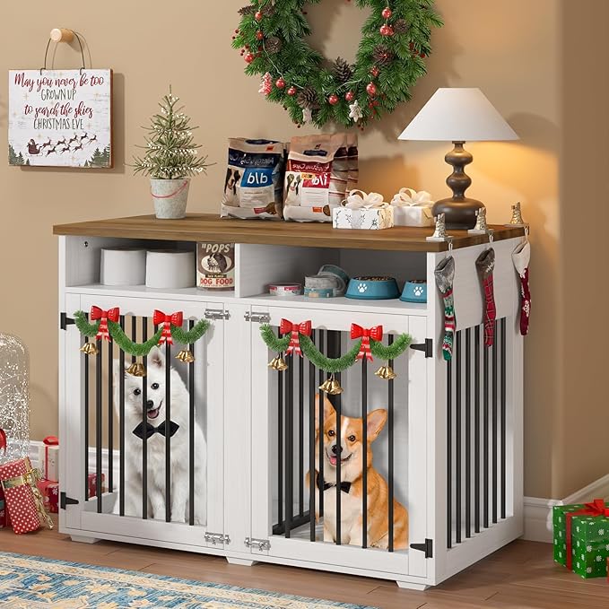 Furniture Dog Crate for 2 Dogs, 41 Inch Dog Kennel Furniture with Removable Divider and Shelf Storage, Wooden Dog Crate for Small/Medium Dogs, White-PawvioPets