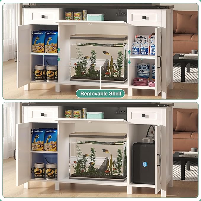 55-75 Gallon Aquarium Stand With Charging Station, Farmhouse Fish Tank Stand, Reptile Tank Stand Terrarium Stand with Drawer and Cabinet Storage, Sturdy Heavy Duty 53.5"×19.7" Tabletop - White-PawvioPets